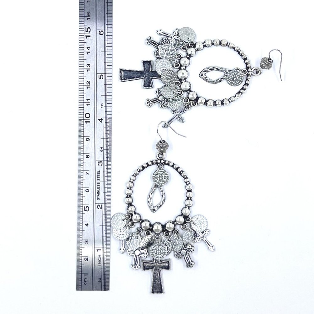 NWT – Charming Charlie – Cross & Disk Charms Silver Tone Dangle 4” Earrings - Picture 9 of 9
